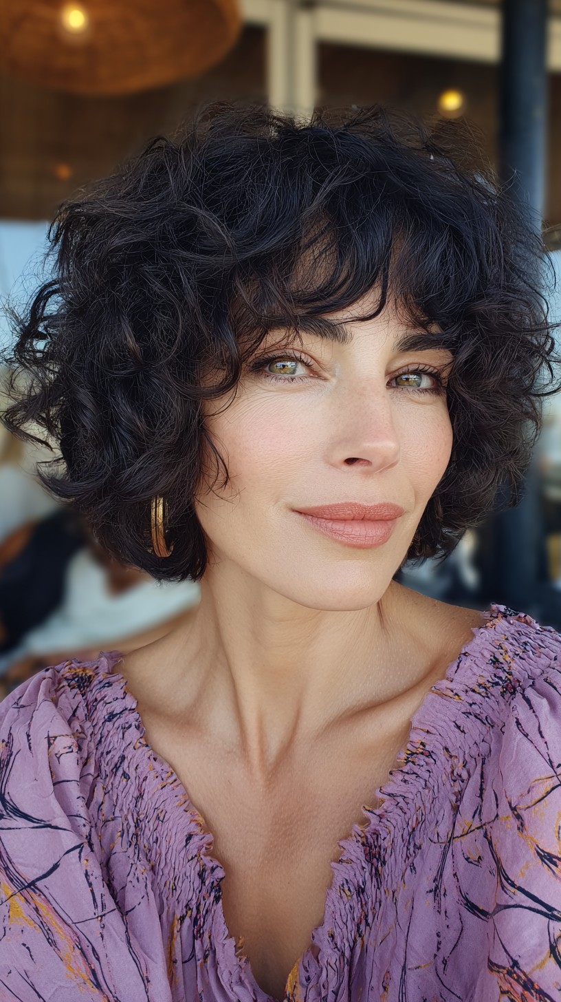 Textured Short Curly Bob with Soft Bangs