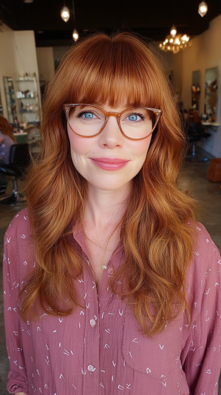 Vibrant Copper Long Layered Cut with Soft Blunt Bangs
