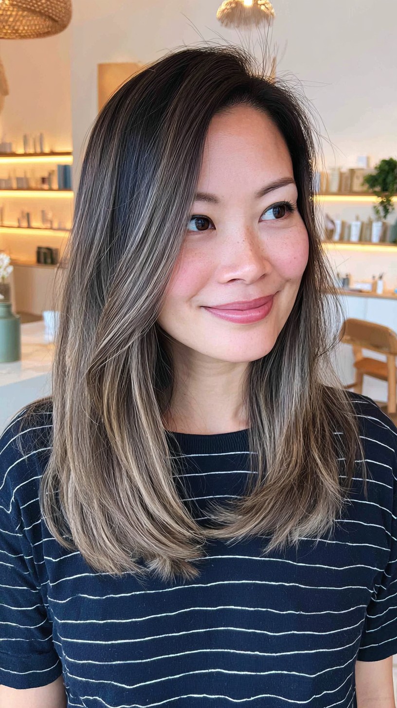 Chic Ashy Brown Balayage with Feathered Layers