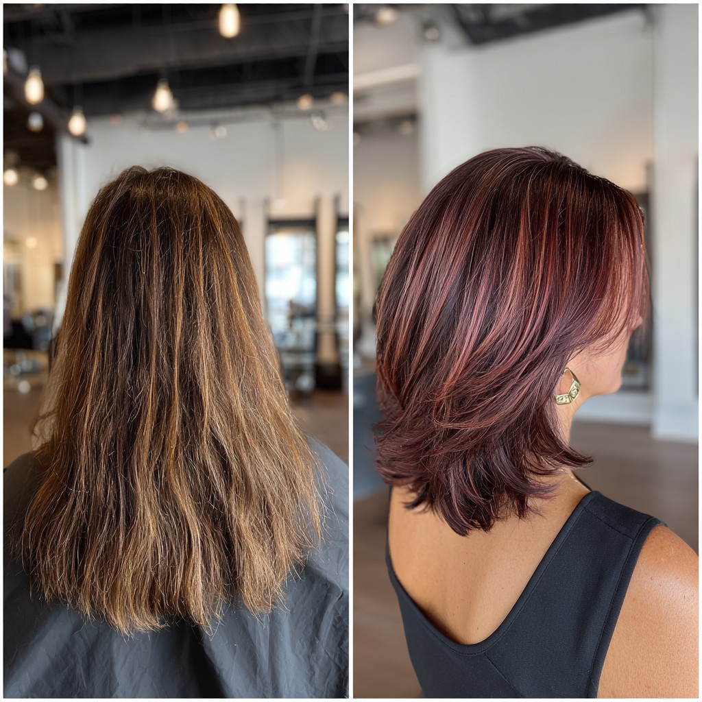 Chic Chocolate Cherry Textured Lob with Flattering Layers