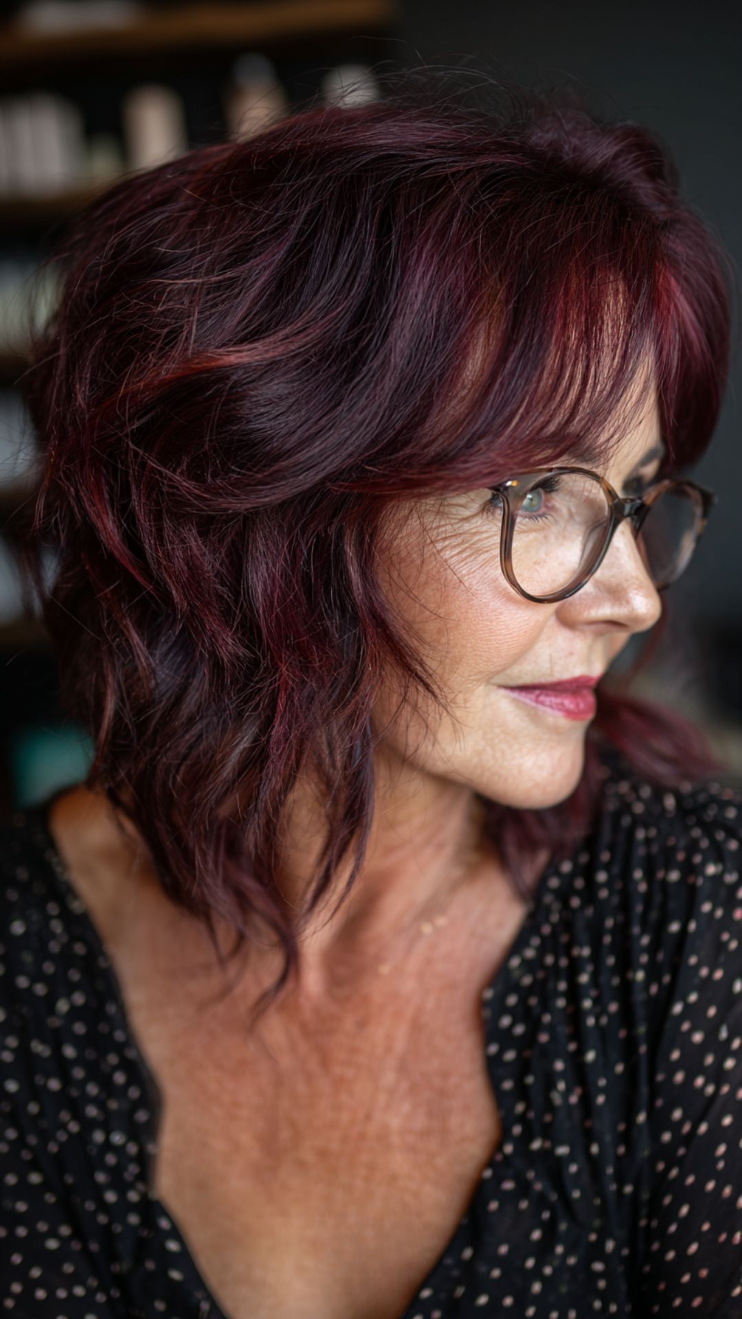 Chic Chocolate Cherry Textured Lob with Soft Waves