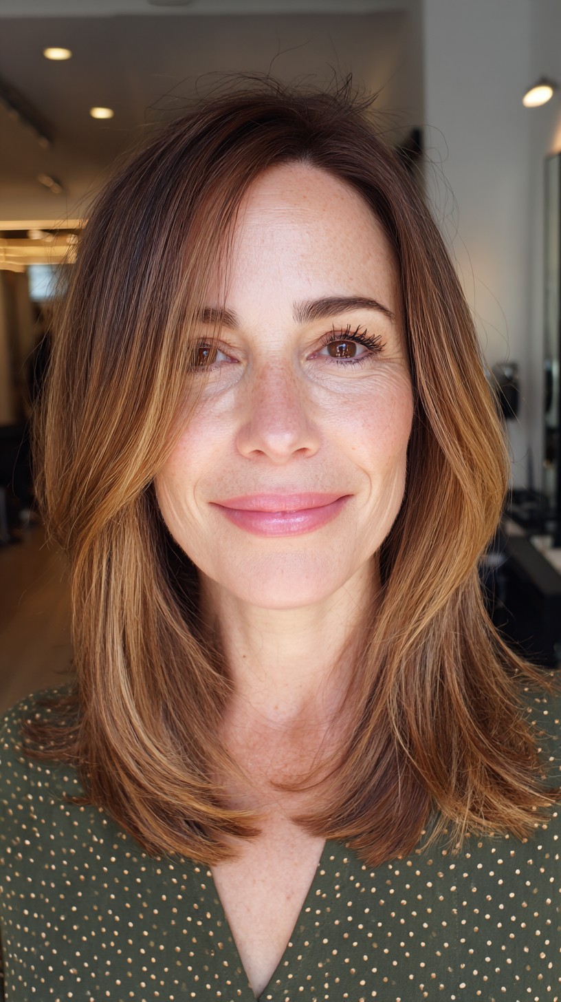 Chic Layered Mid-Length Haircut with Warm Balayage