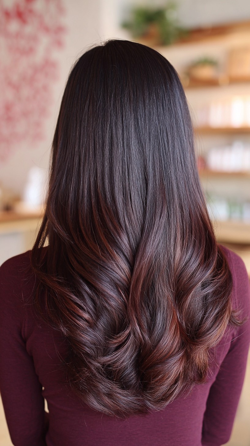 Glossy Chocolate Cherry Long Layers with Subtle Waves