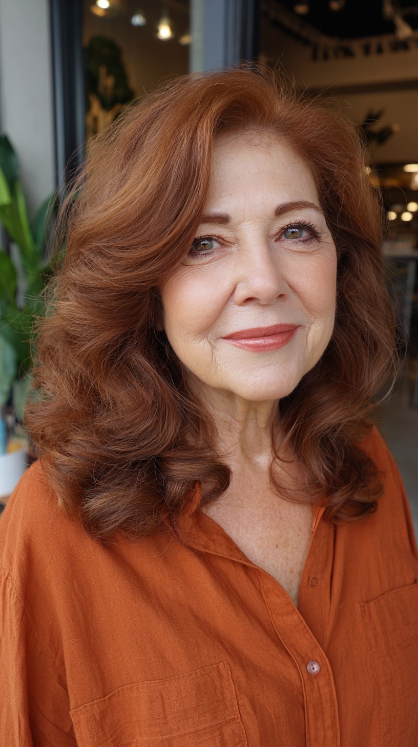 Lively Voluminous Curls with Rich Auburn Color