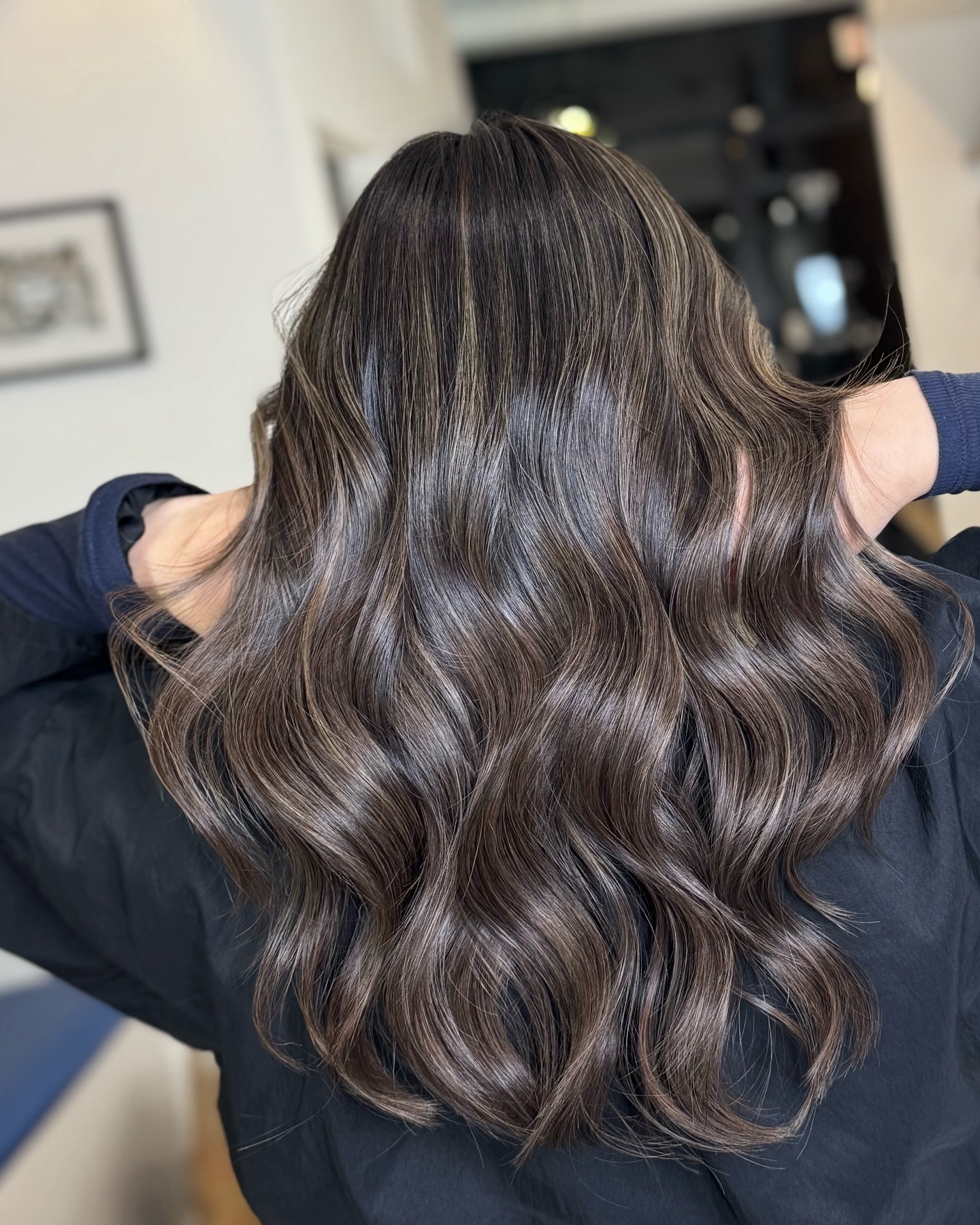 Luxurious Ashy Brown Balayage with Defined Waves