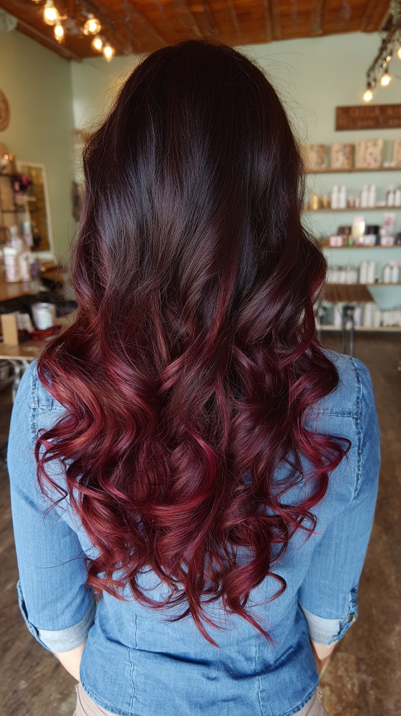 Radiant Black Cherry Balayage with Lush Curls