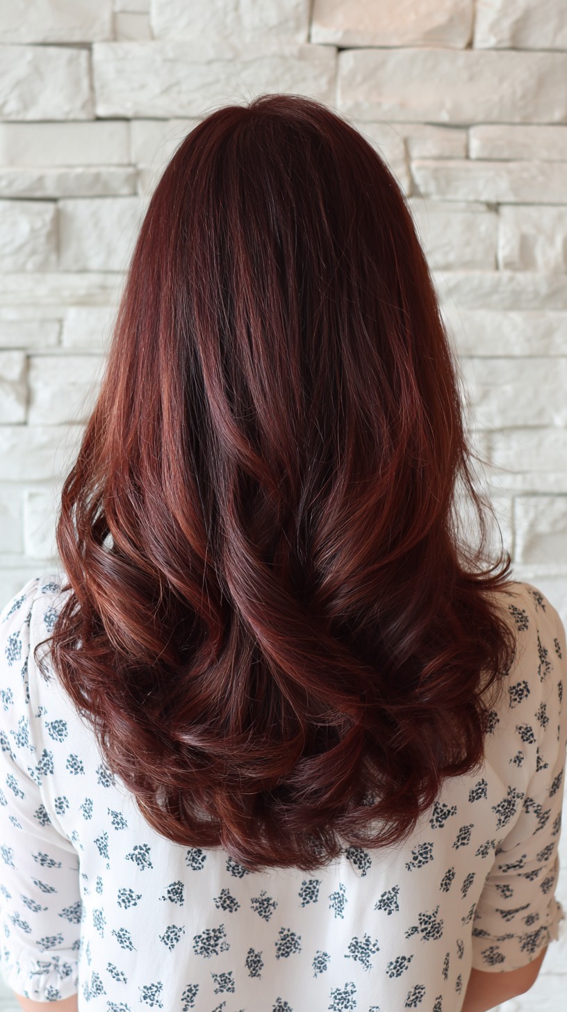 Radiant Chocolate Cherry Long Layers with Soft Waves