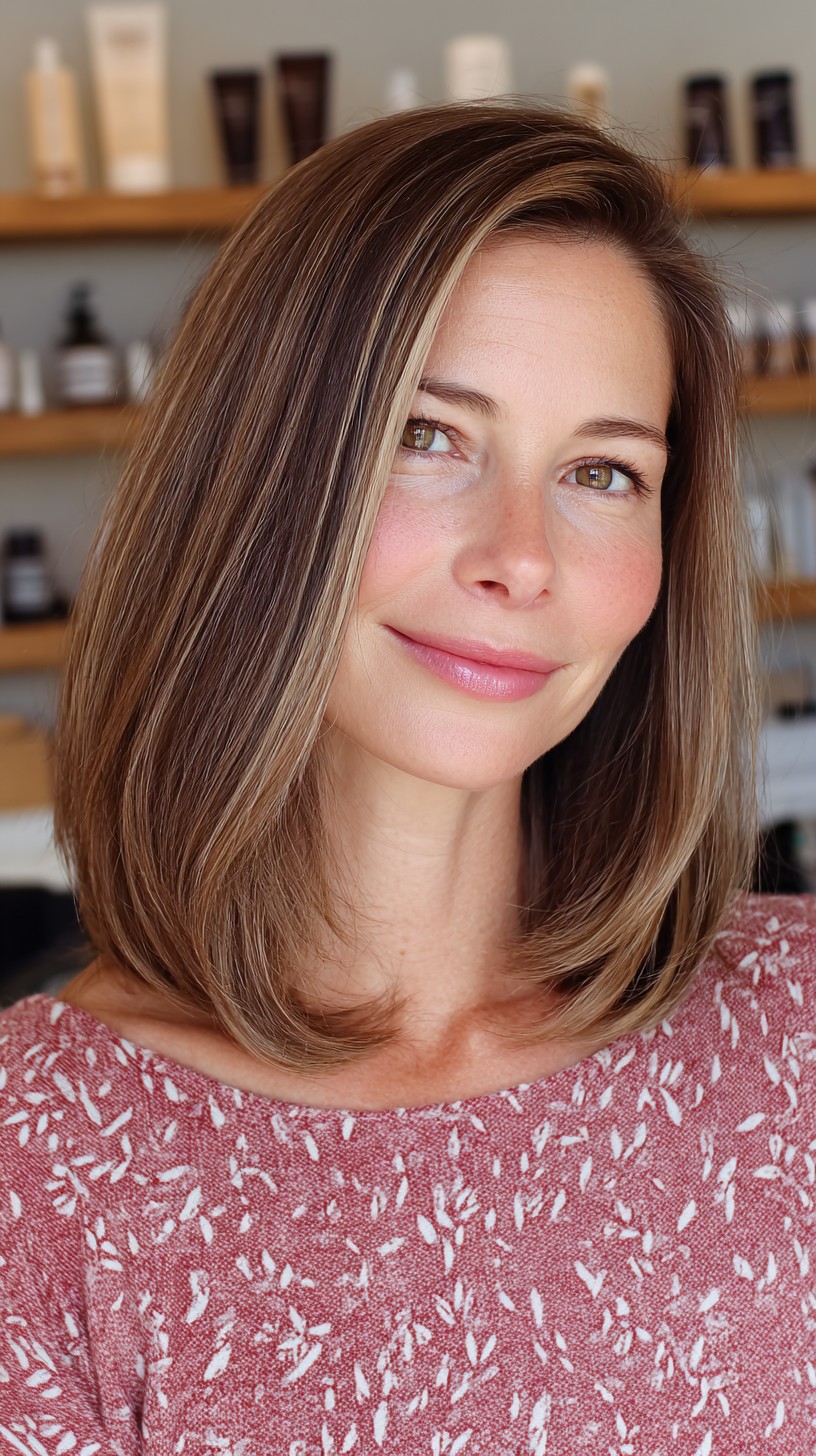 Sleek Medium-Length Haircut with Subtle Caramel Highlights