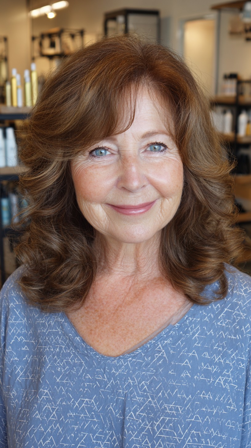 Softly Curled Mid-Length Layered Cut with Warm Undertones