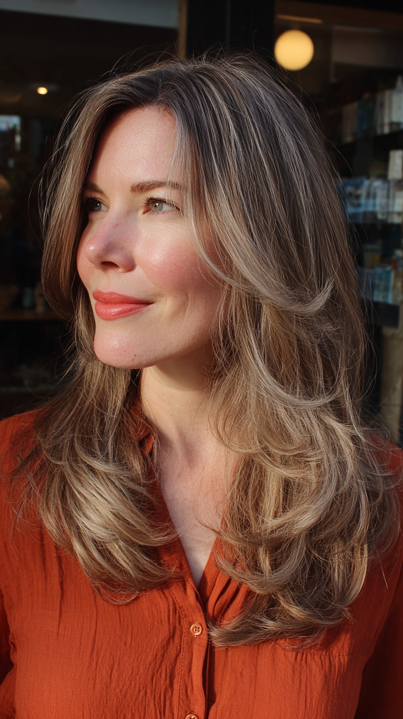 Stylish Ashy Brown Balayage with Flattering Face-Framing Layers
