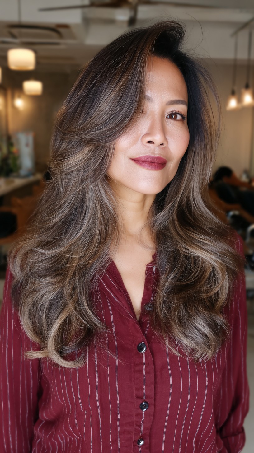 Textured Ashy Brown Balayage with Elegant Volume