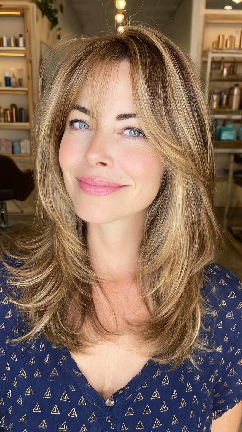 Soft Bronde Layers with Face-Framing Bangs
