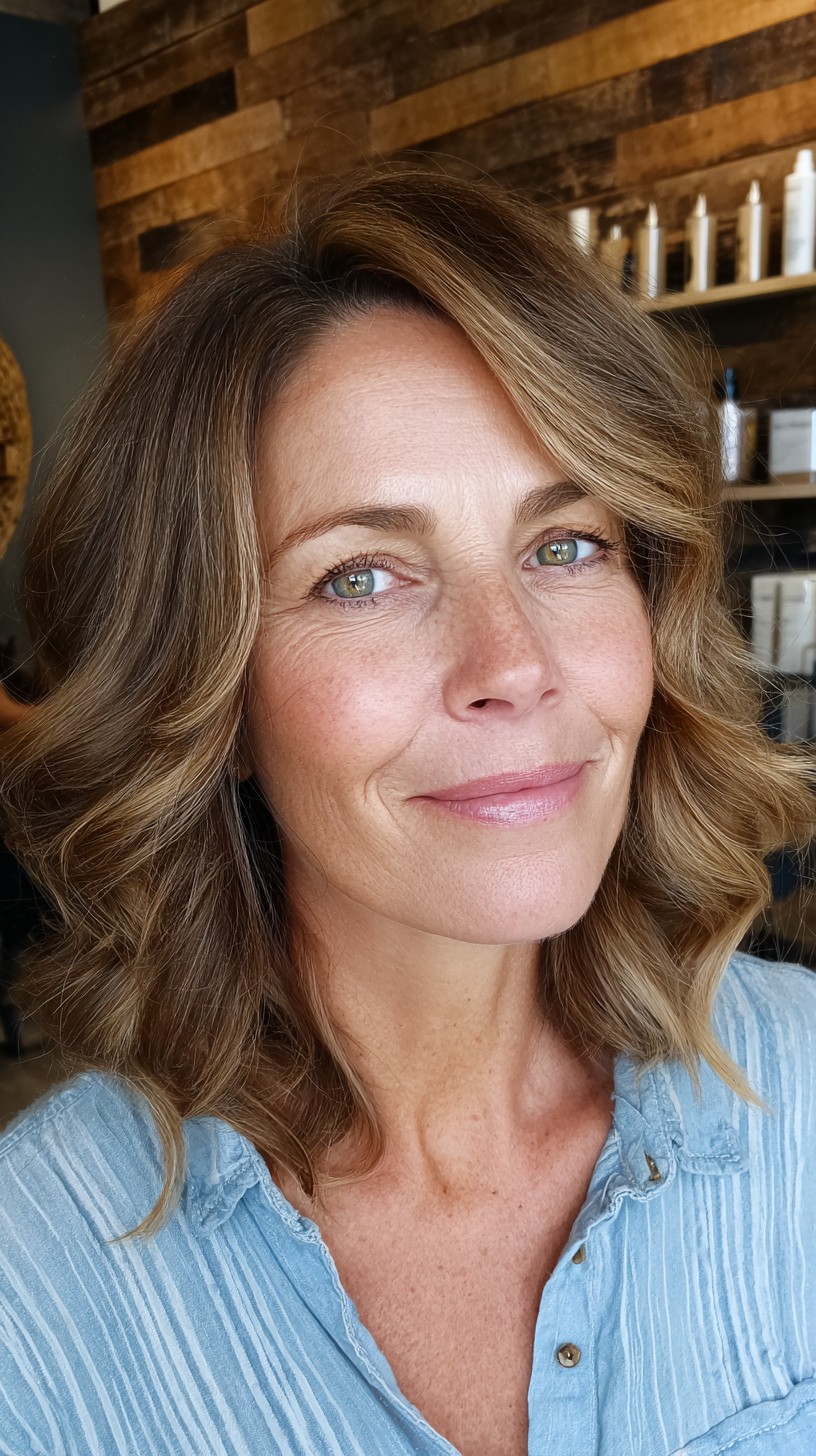 Warm Bronde Waves with Subtle Highlights