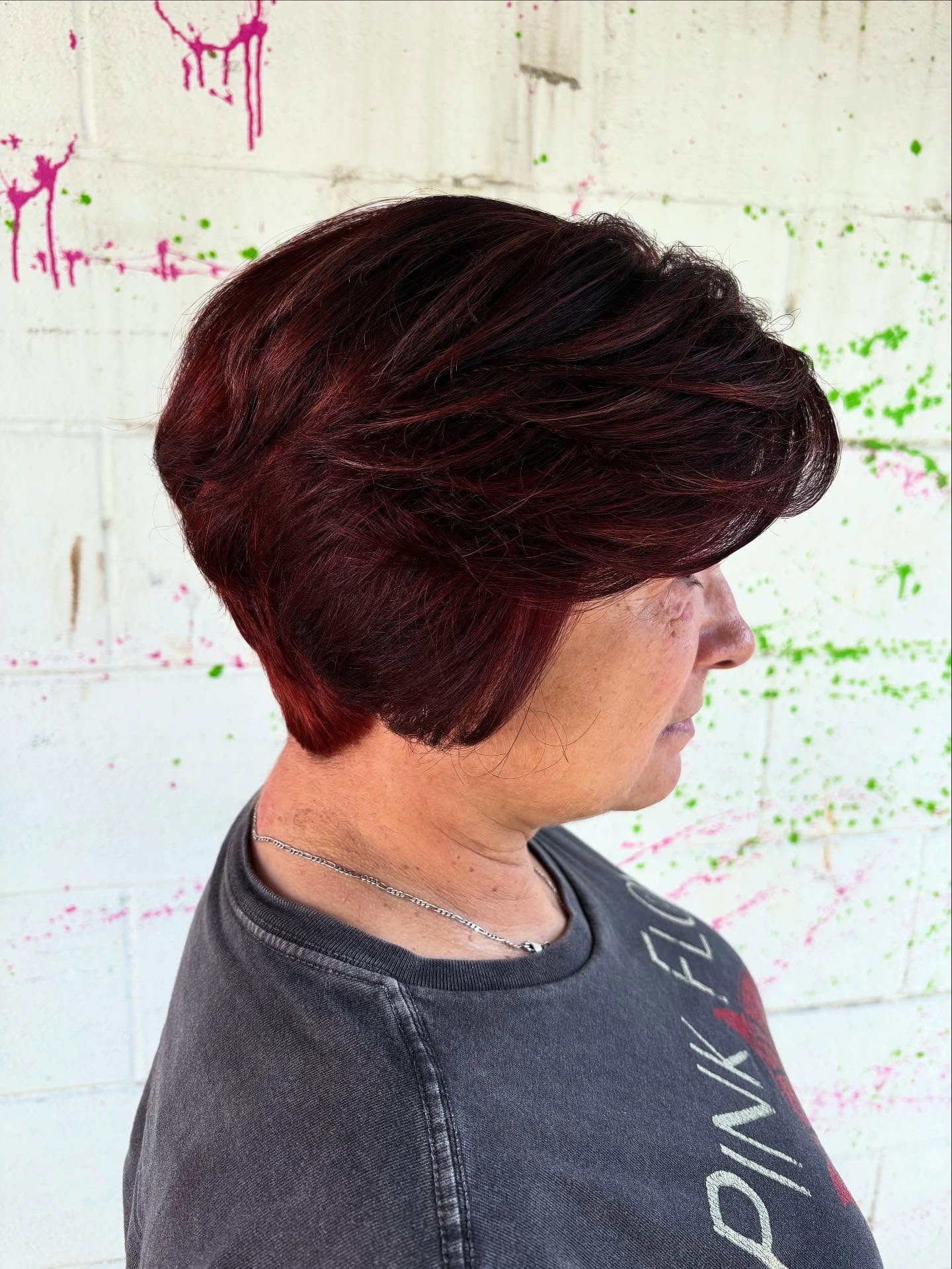 Bold Burgundy Stacked Bob with Textured Layers