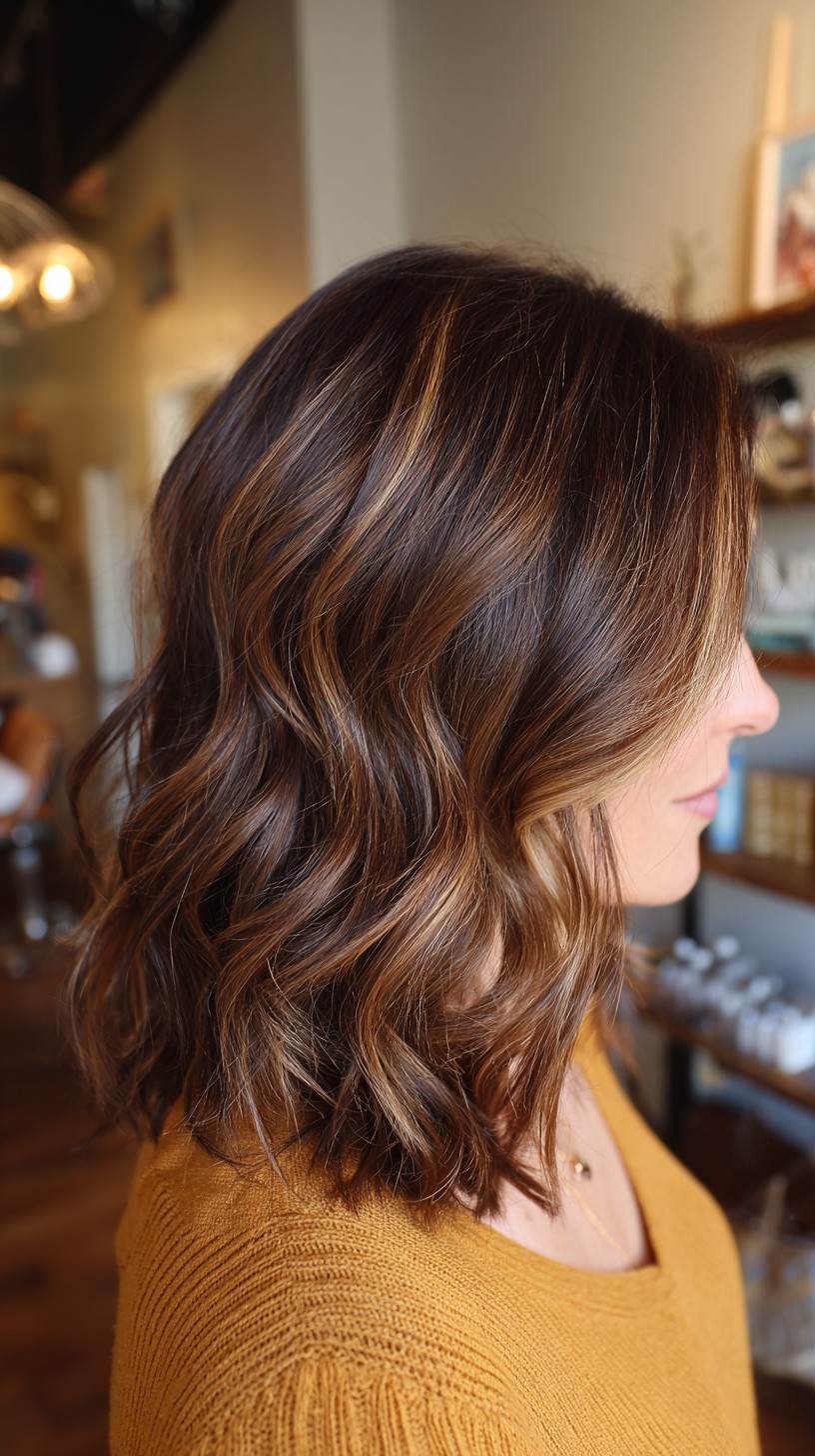 Chic Dark Caramel Balayage with Soft Waves