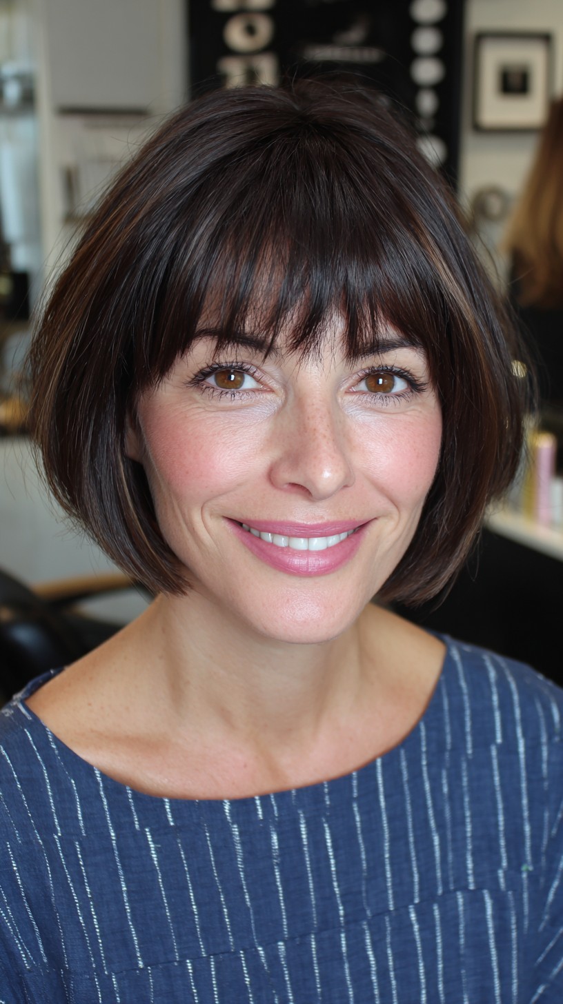 Chic Short Brunette Bob with Face-Framing Bangs