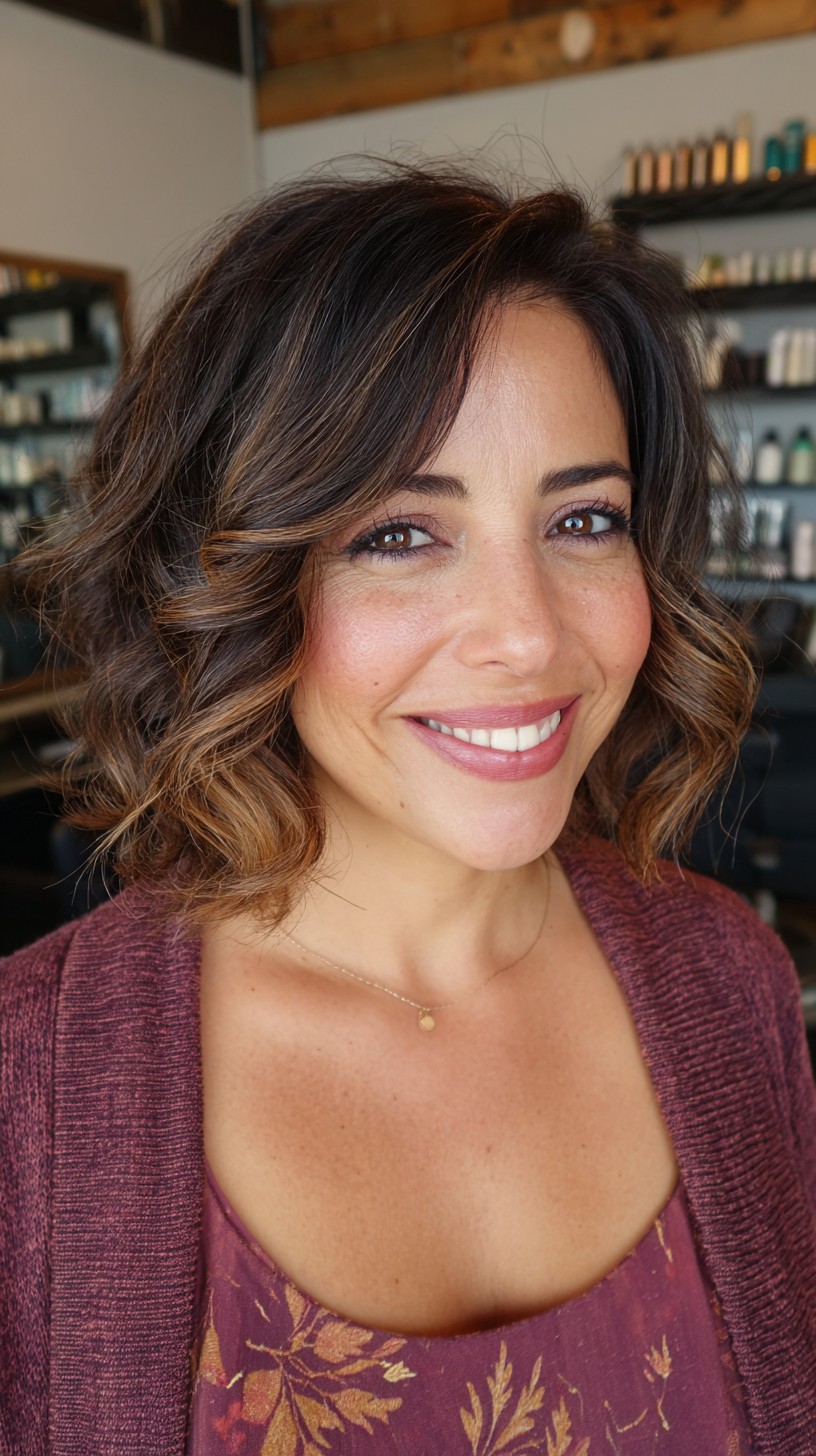 Chic Short Brunette Bob with Soft Curls and Subtle Highlights