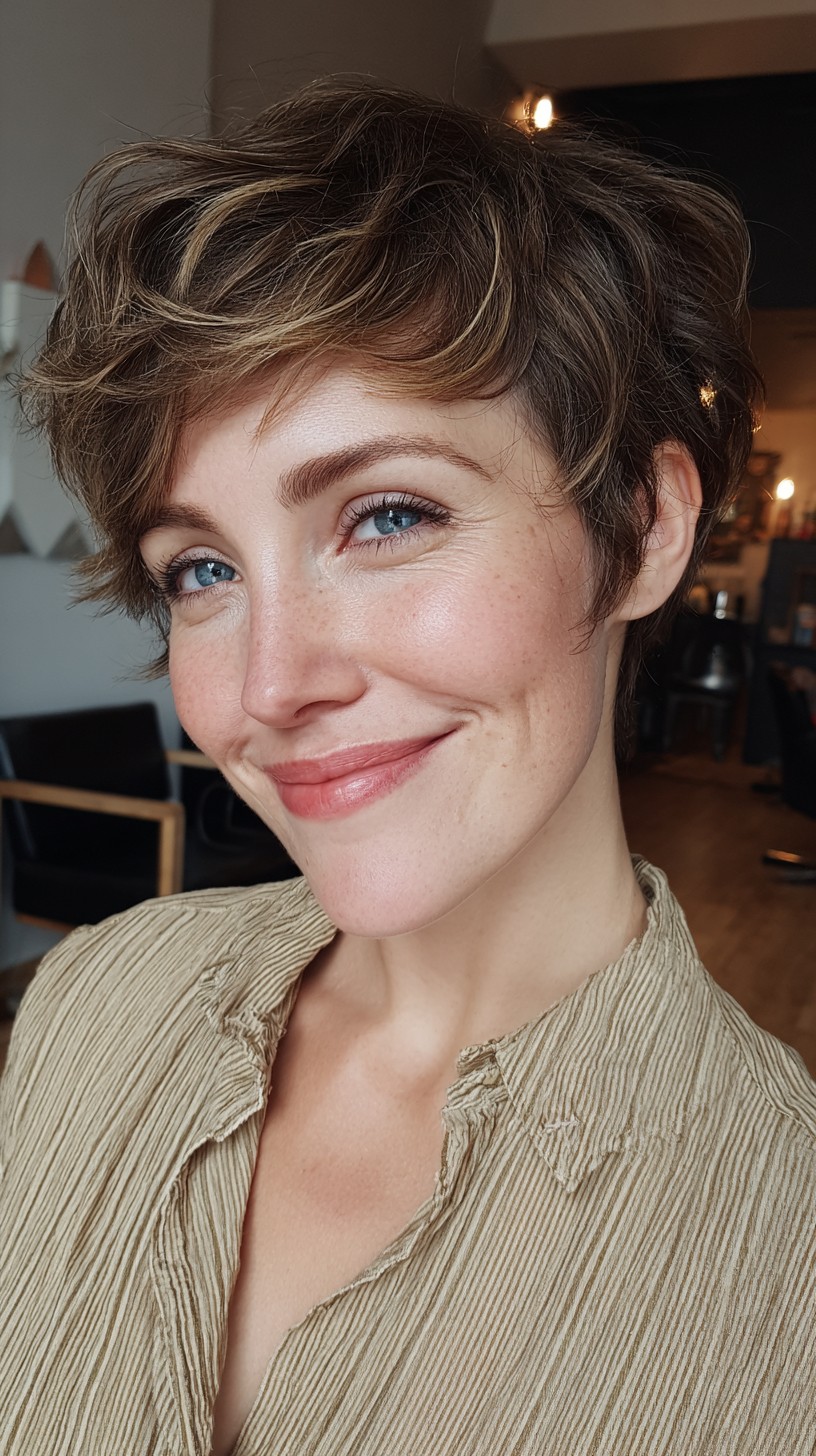 Chic Short Brunette Textured Cut with Wispy Layers