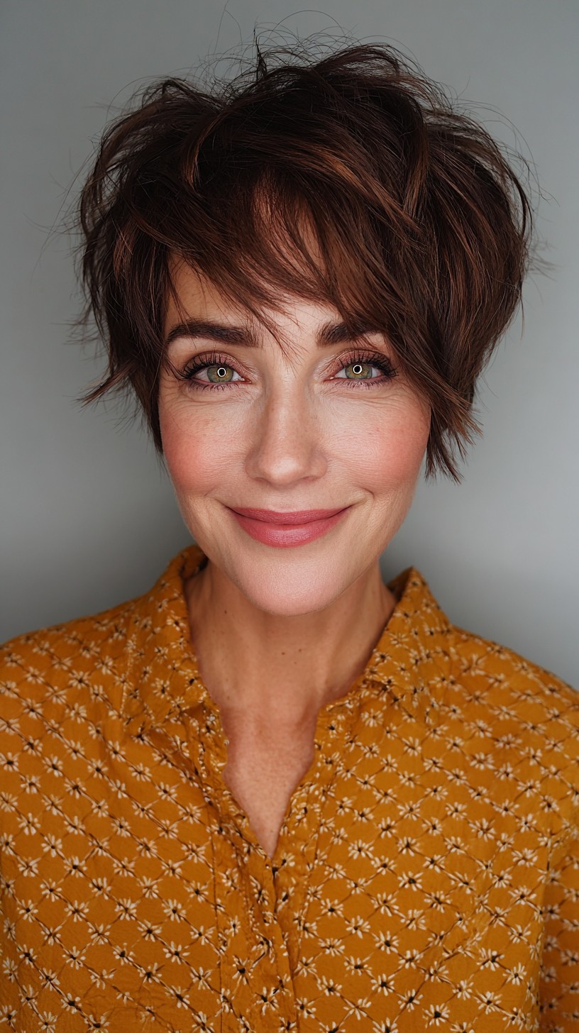 Chic Textured Brunette Short Haircut with Soft Layers