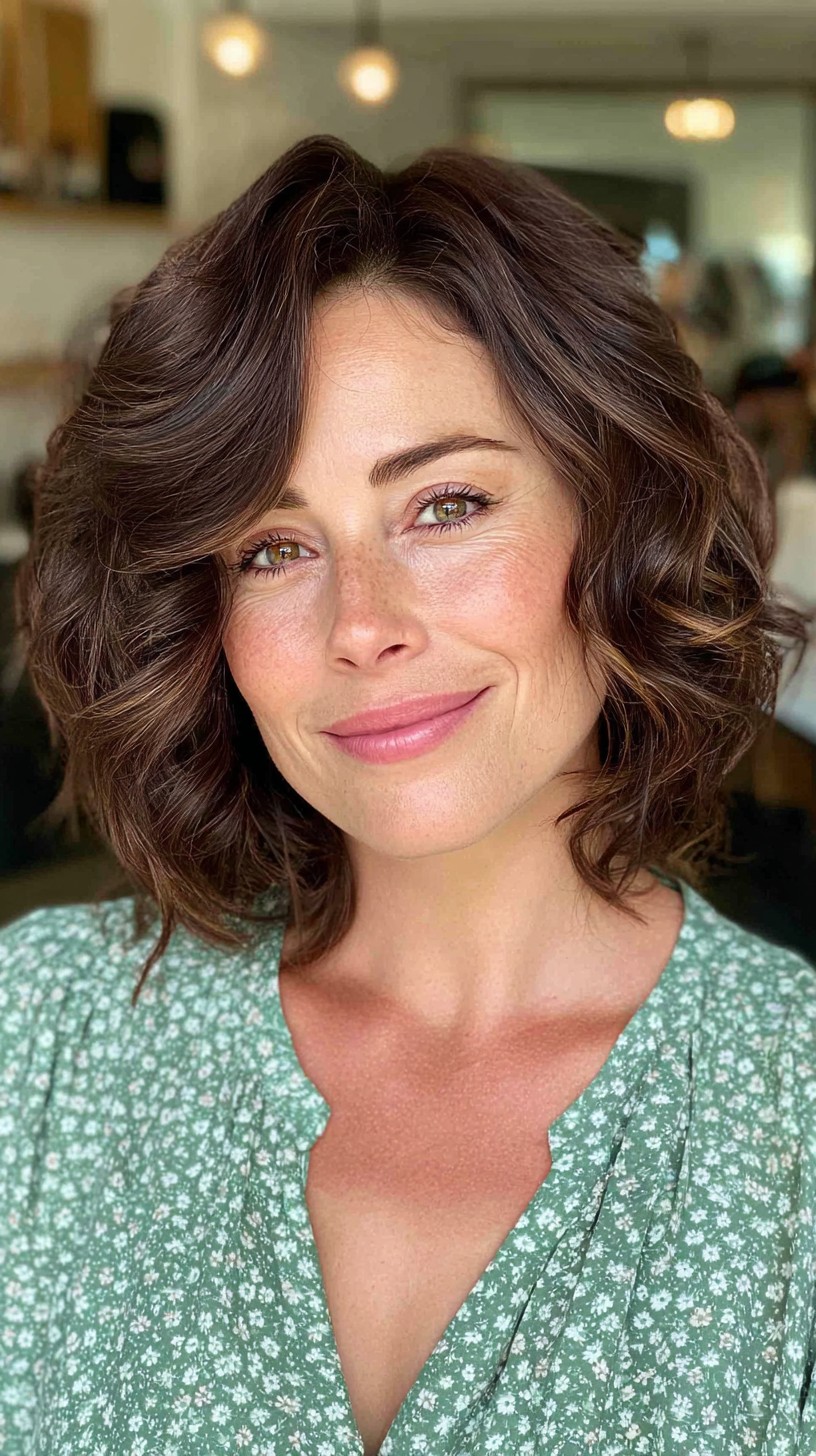 Chic Textured Short Brunette Bob with Soft Curls