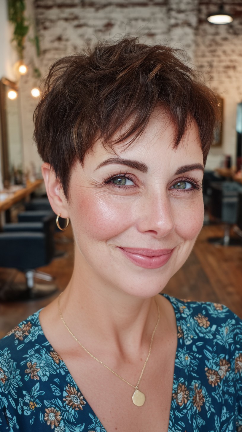 Chic Textured Short Brunette Pixie Cut