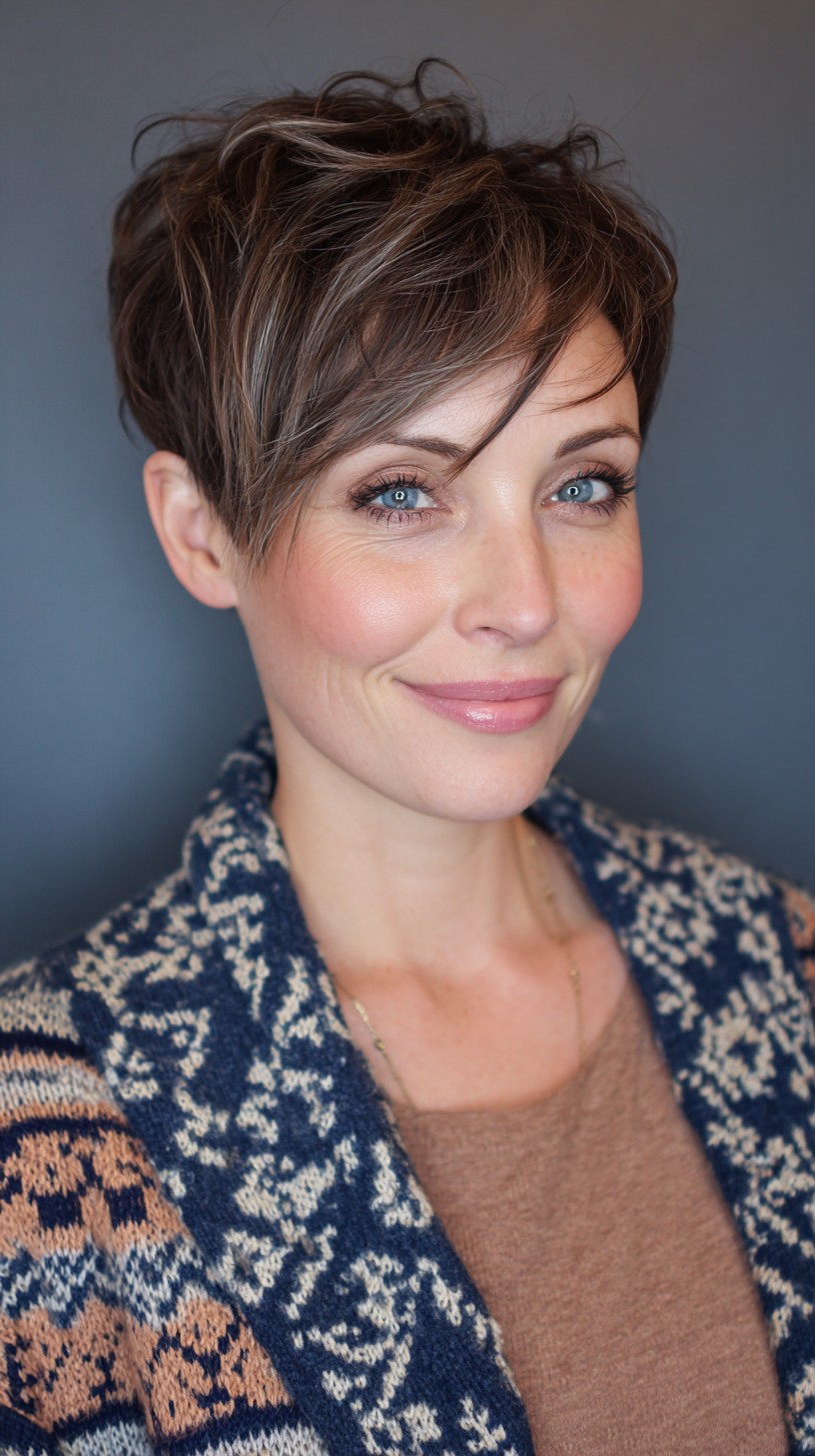 Chic Textured Short Brunette Pixie with Highlights