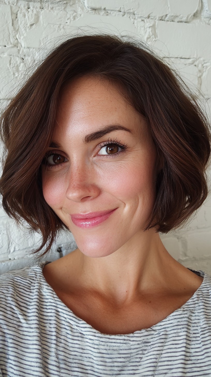 Chic Wavy Short Brunette Bob with Subtle Texture
