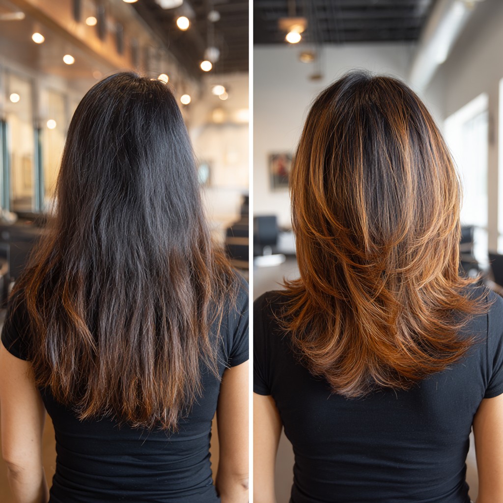 Dynamic Dark Caramel Balayage with Flattering Layers