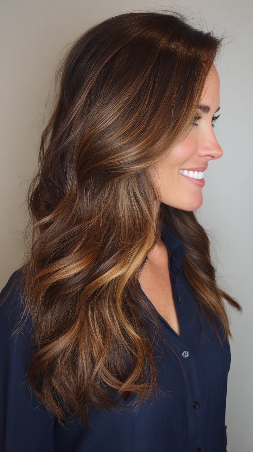 Dynamic Dark Caramel Balayage with Soft Textured Waves