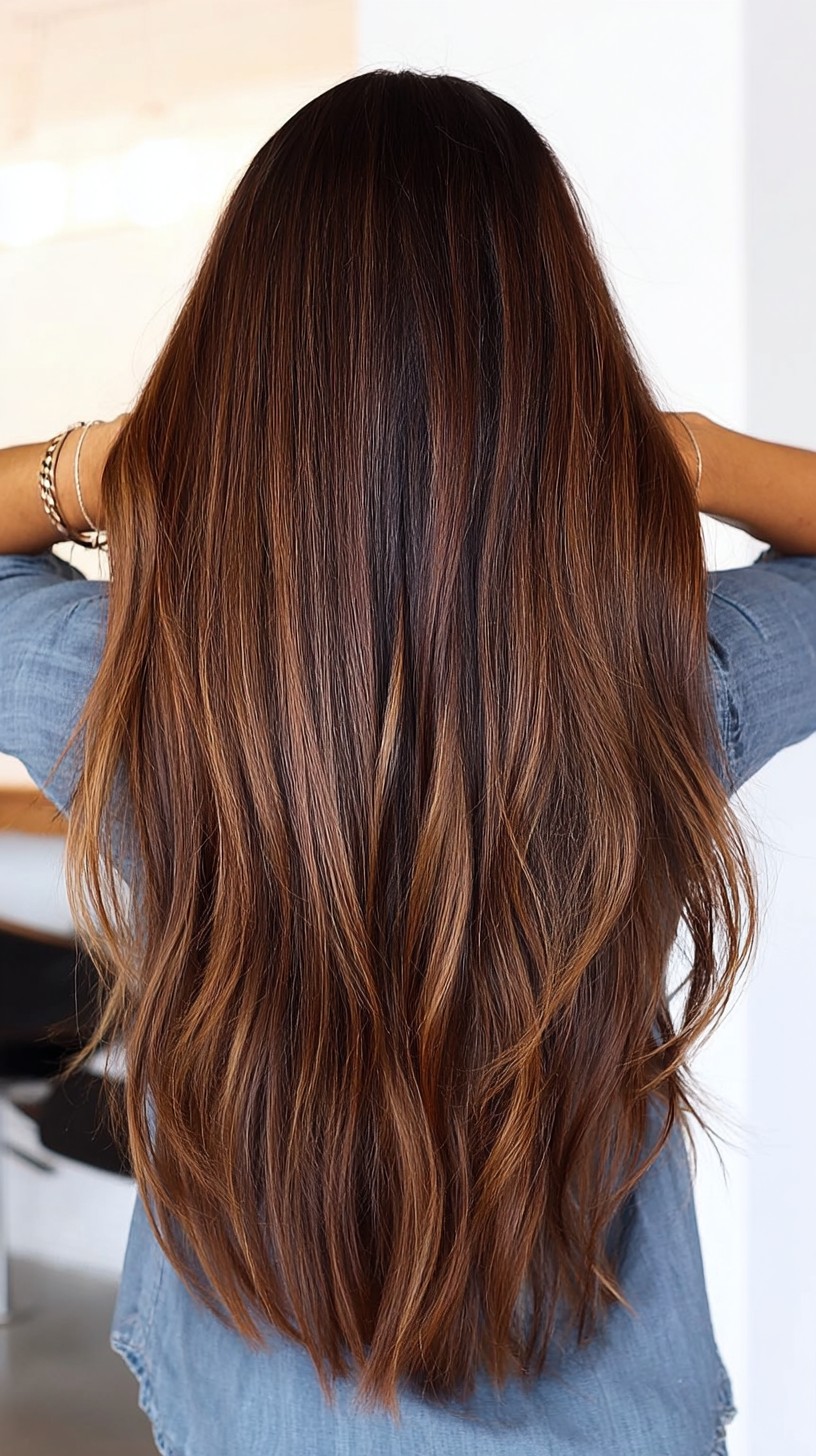 Long Layered Dark Caramel Balayage with Subtle Waves