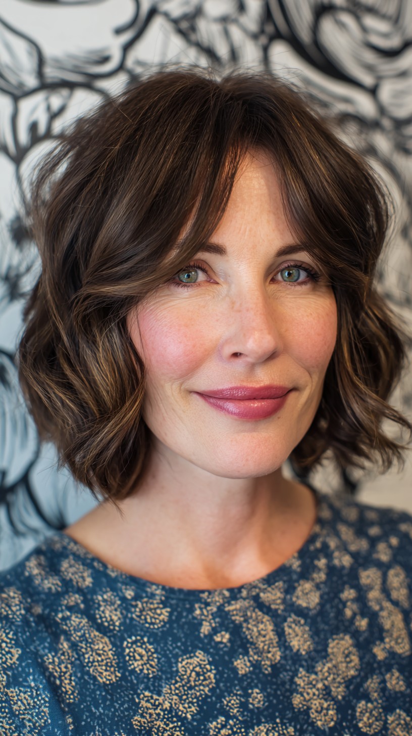 Loose Curly Layered Bob with Soft Curtain Bangs