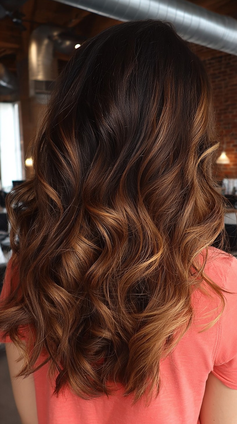 Radiant Dark Caramel Balayage with Defined Curls