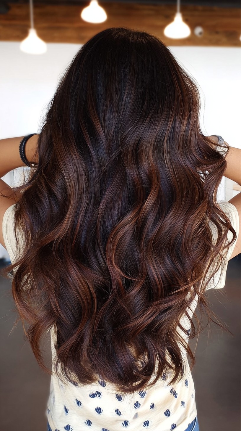 Radiant Dark Caramel Balayage with Defined Waves