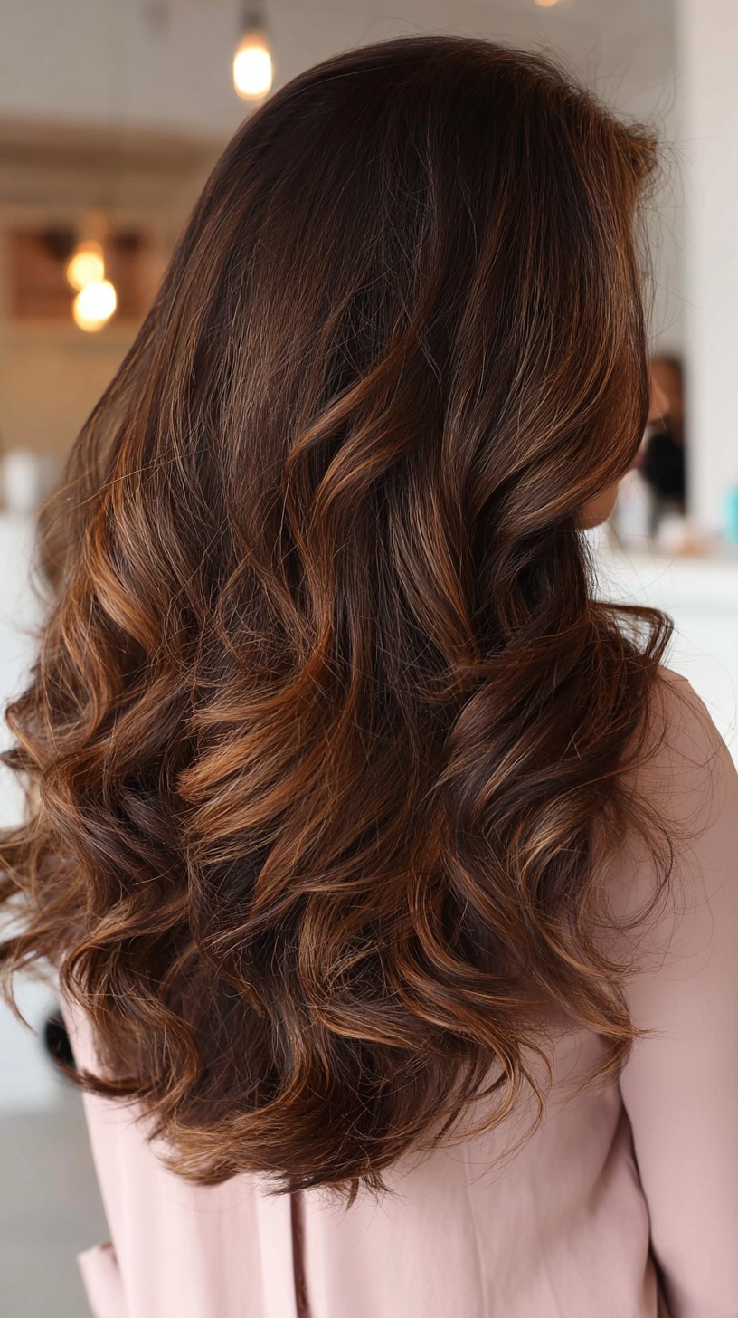Radiant Dark Caramel Balayage with Lush Layers
