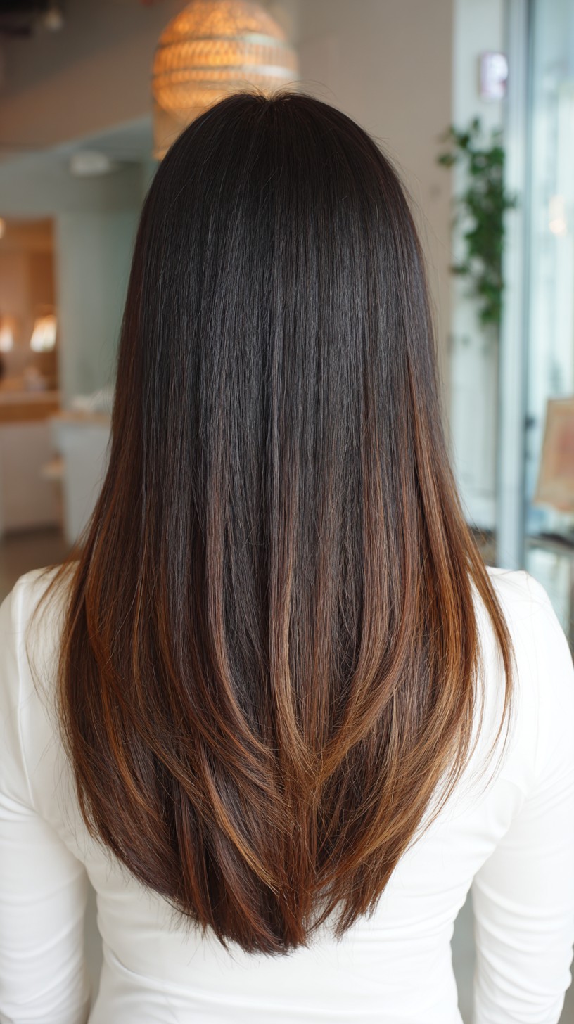 Sleek Dark Caramel Balayage with Subtle Movement