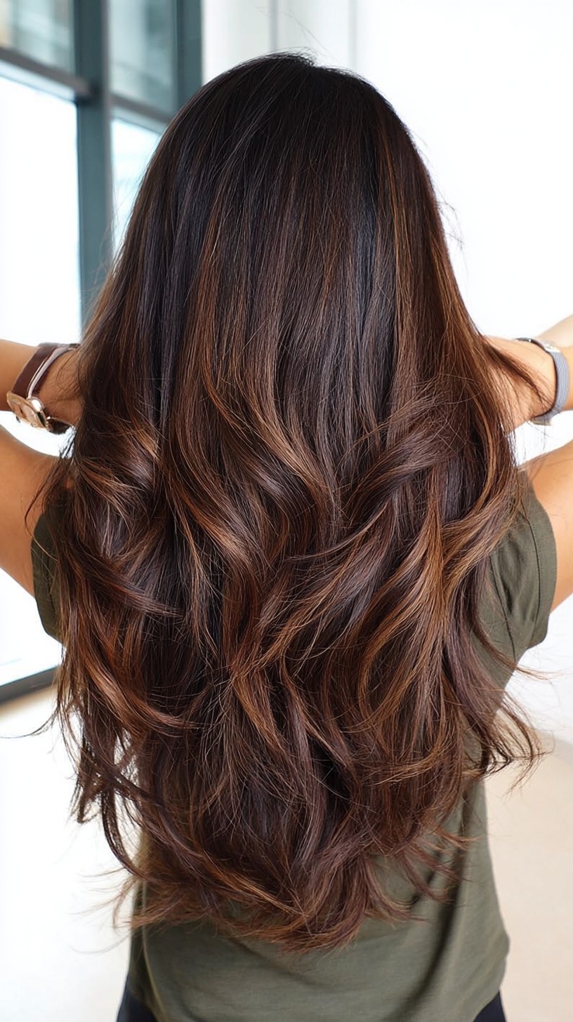 Softly Blended Dark Caramel Balayage with Loose Curls