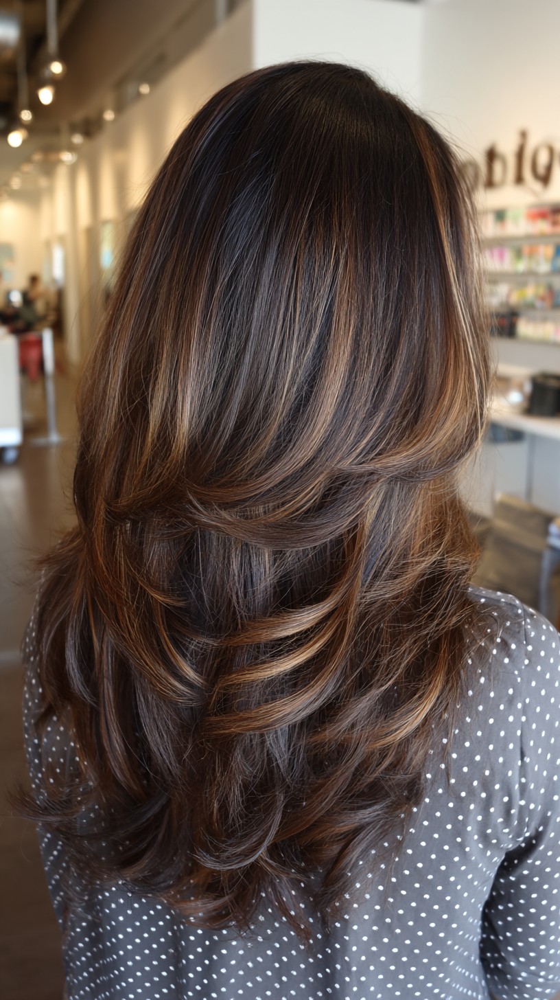 Softly Layered Dark Caramel Balayage with Gentle Movement