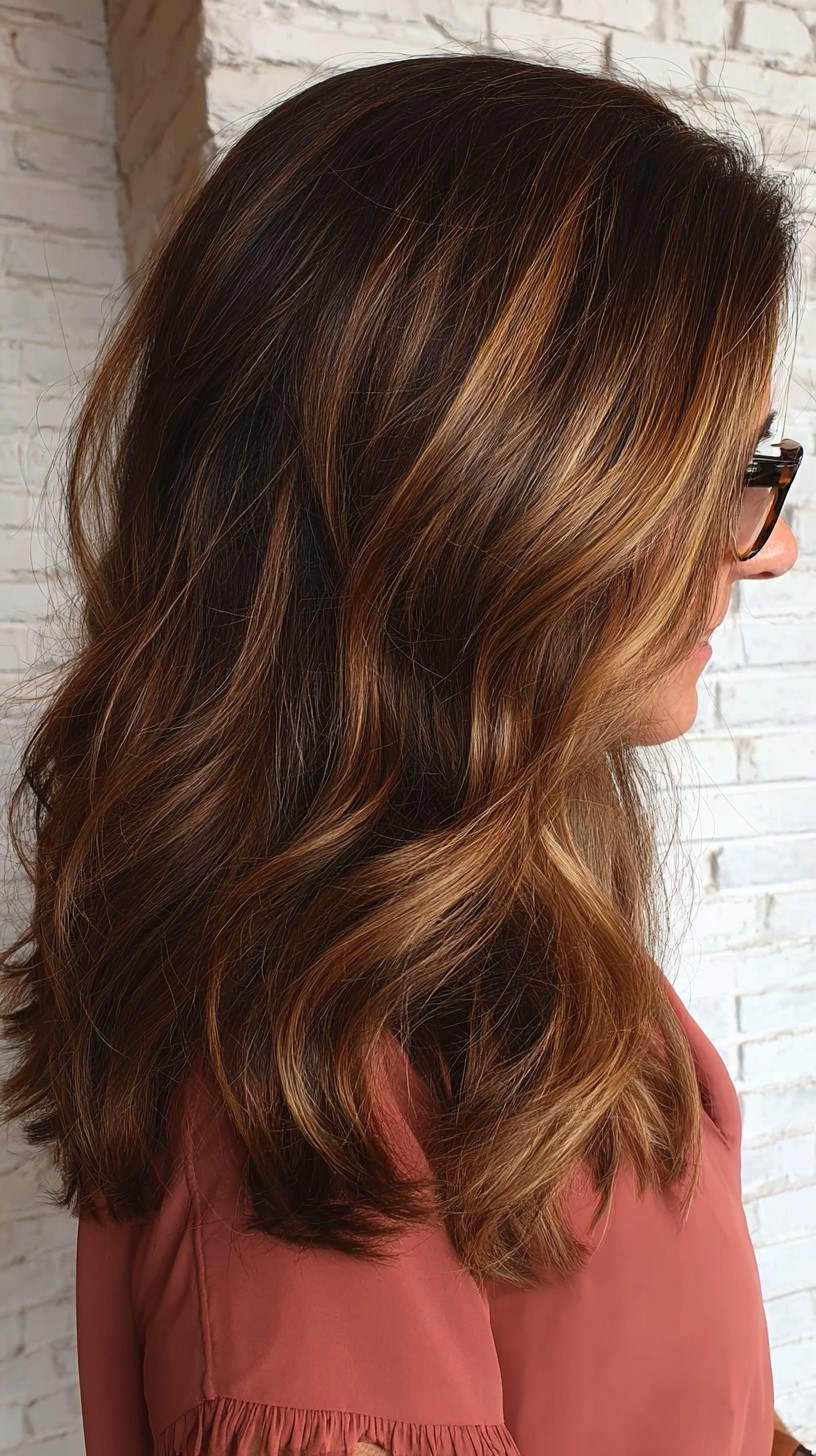 Stunning Dark Caramel Balayage with Soft Layered Waves