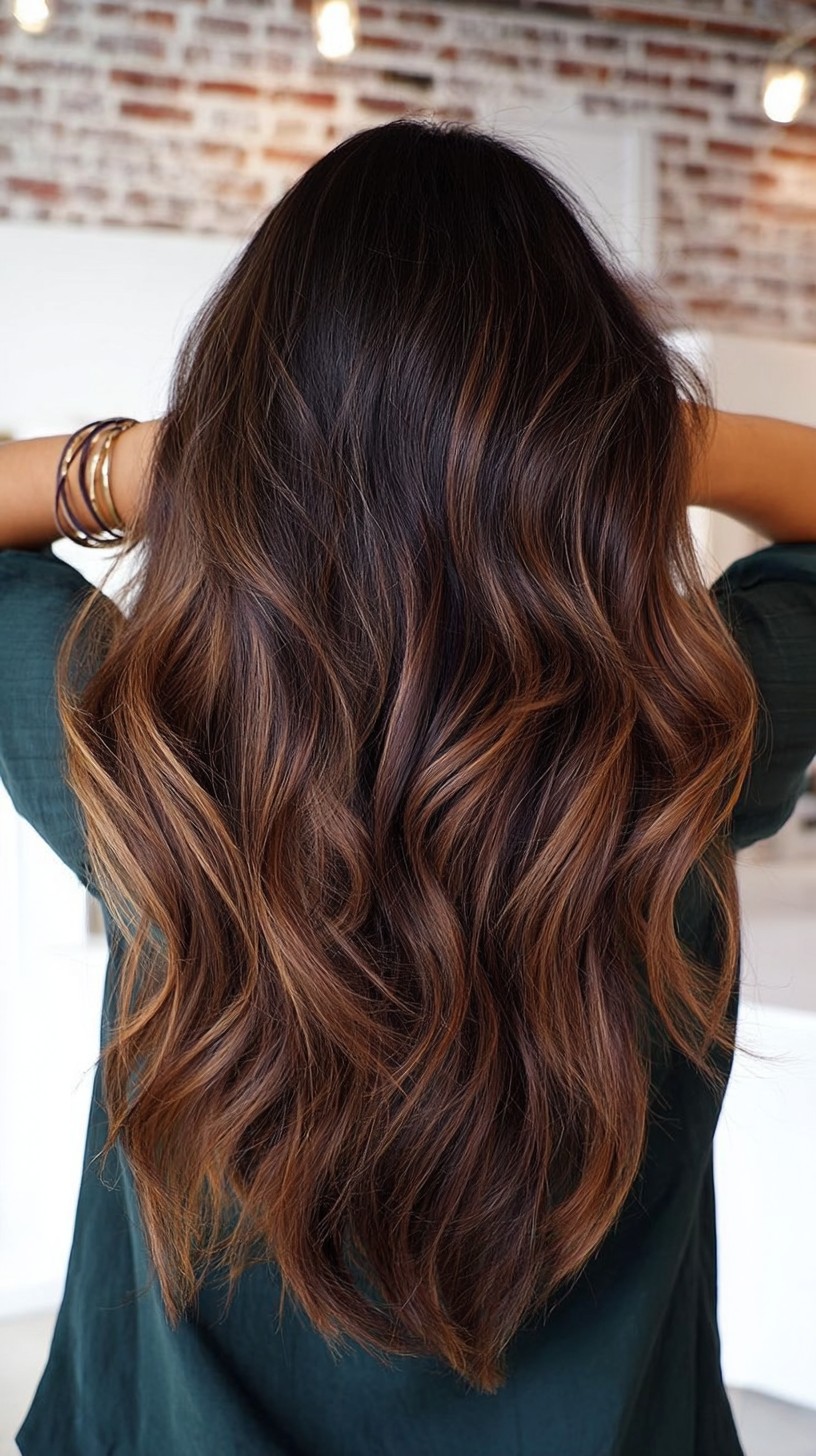 Textured Dark Caramel Balayage with Loose Beachy Waves