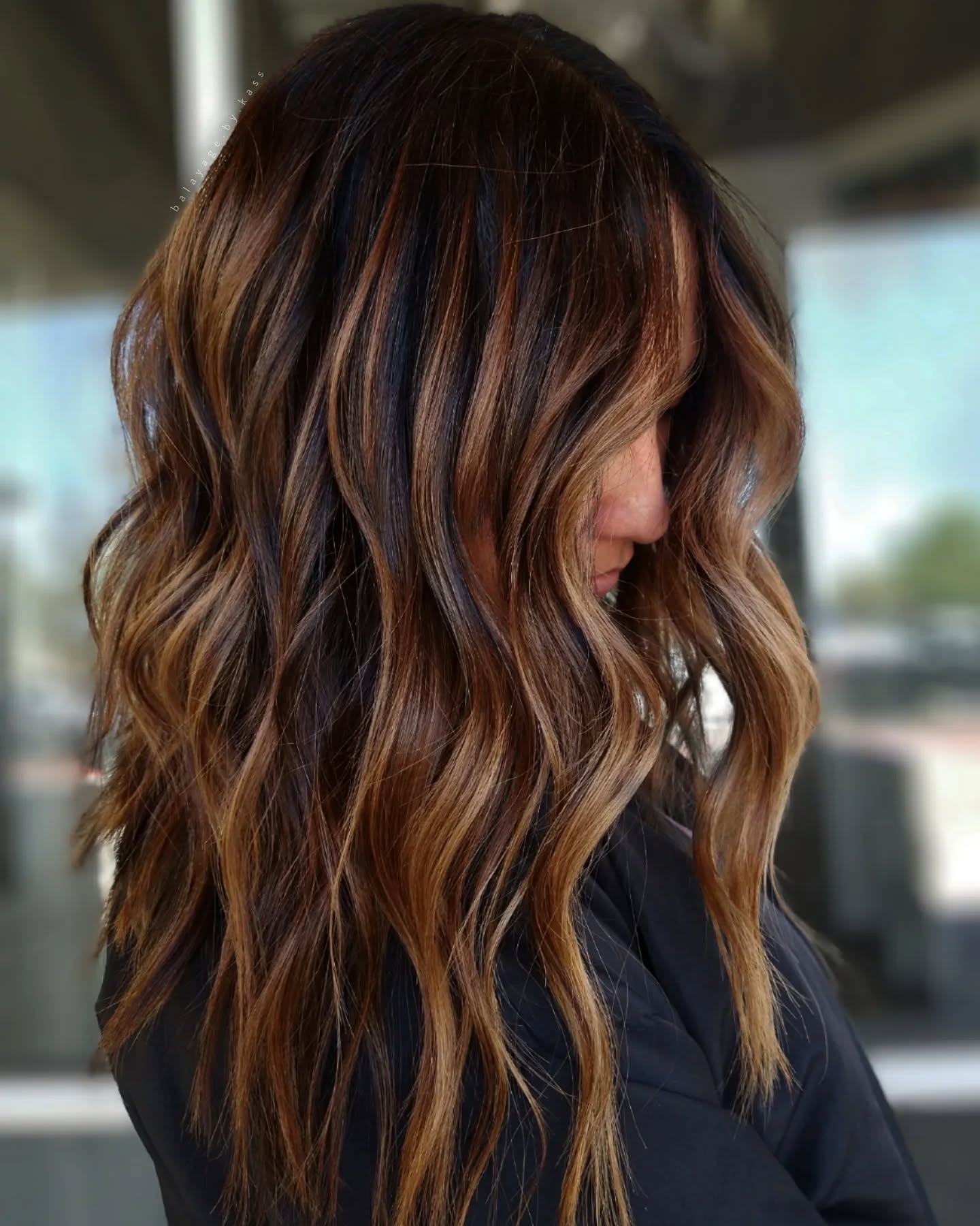 Textured Dark Caramel Balayage with Loose Waves