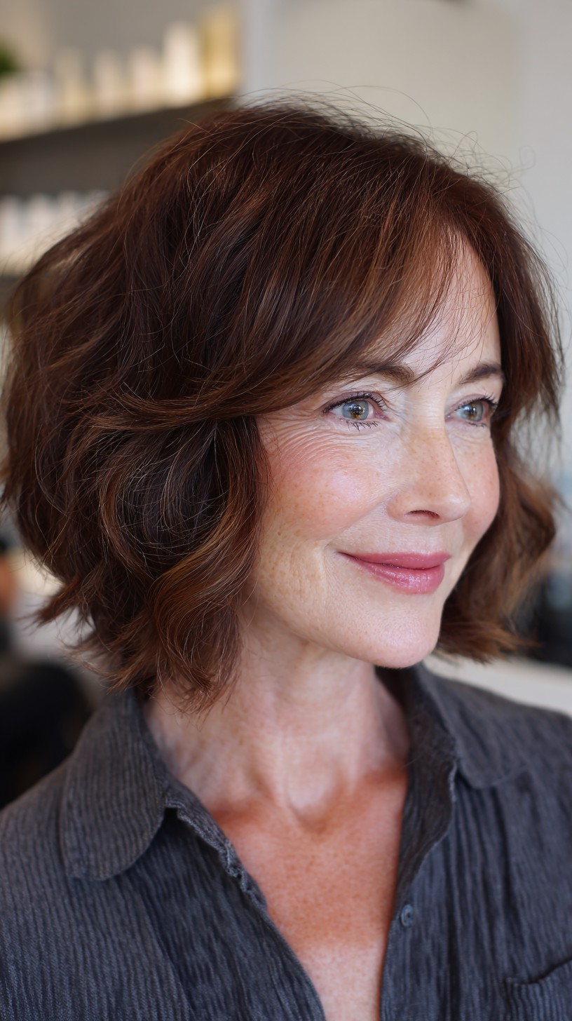 Trendy Layered Bob with Soft Waves and Curtain Bangs