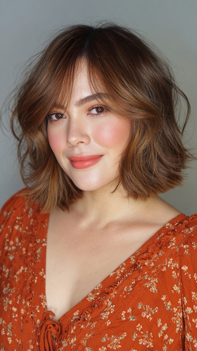 Warm Caramel Layered Bob with Soft Curtain Bangs