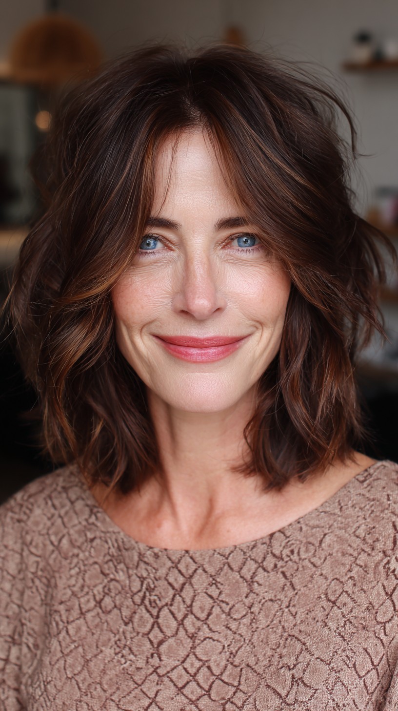 Warm Chestnut Layered Bob with Face-Framing Bangs