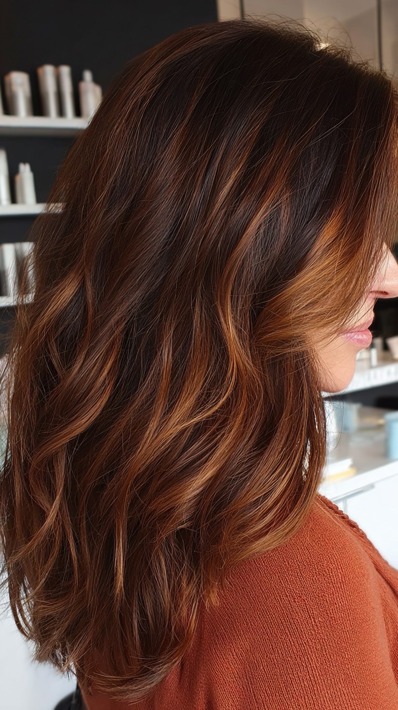 Warm Dark Caramel Balayage with Flattering Layers