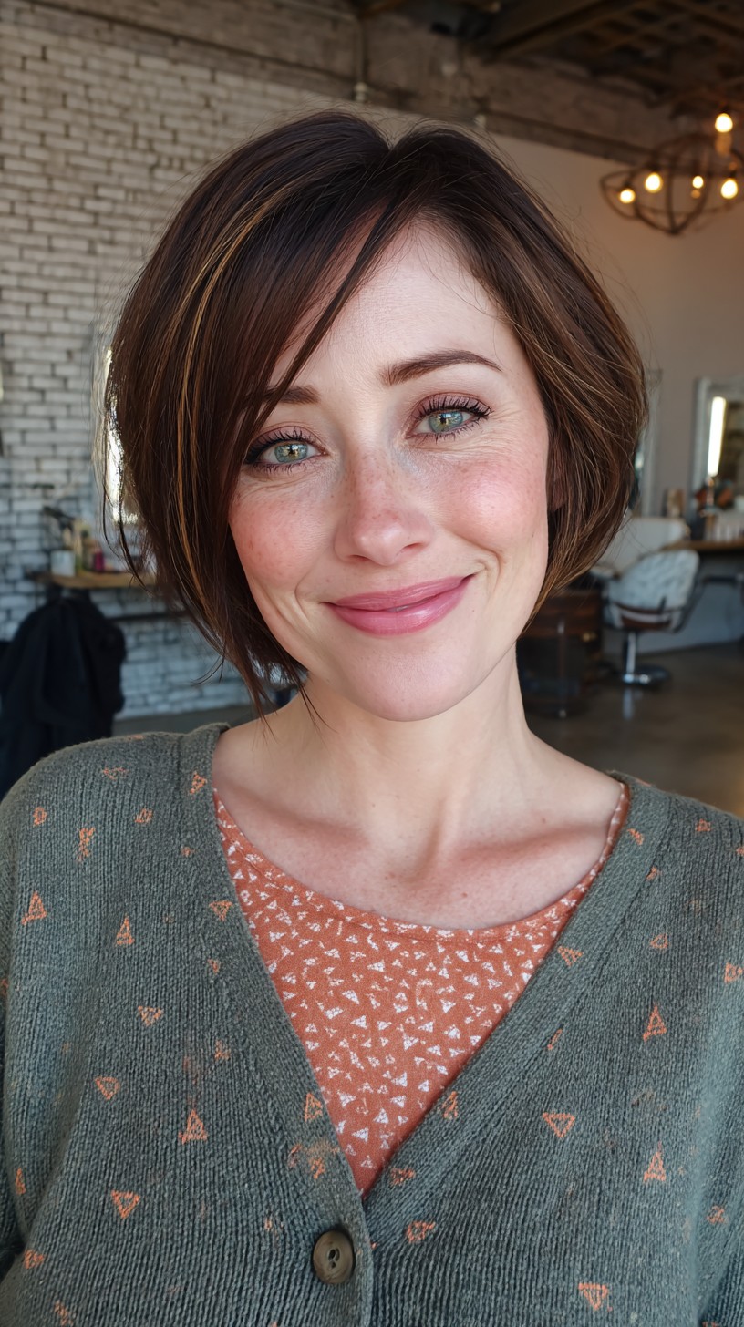 Chic Brunette Textured Bob with Subtle Highlights