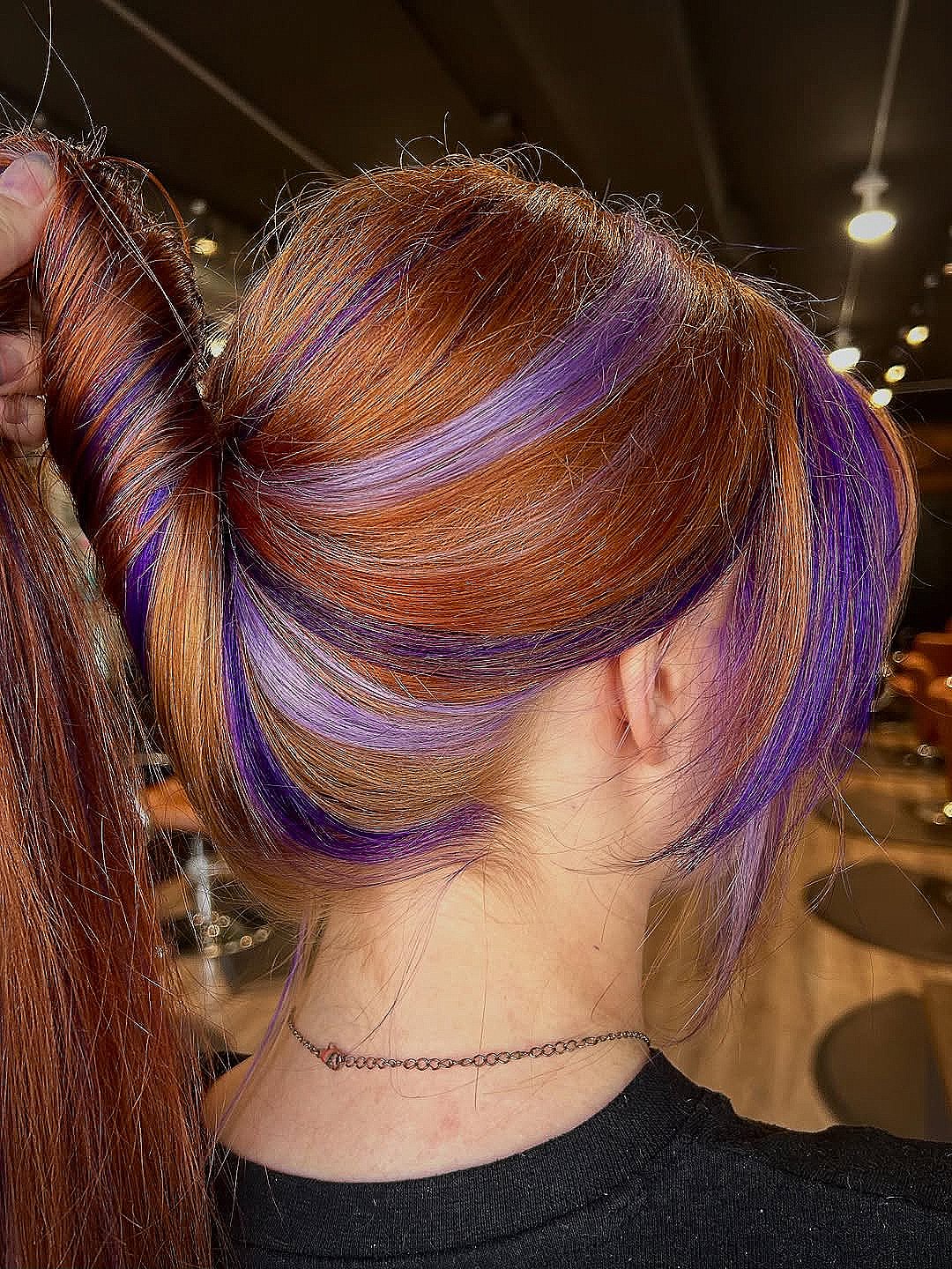 Copper Hair with Purple Peekaboo Highlights