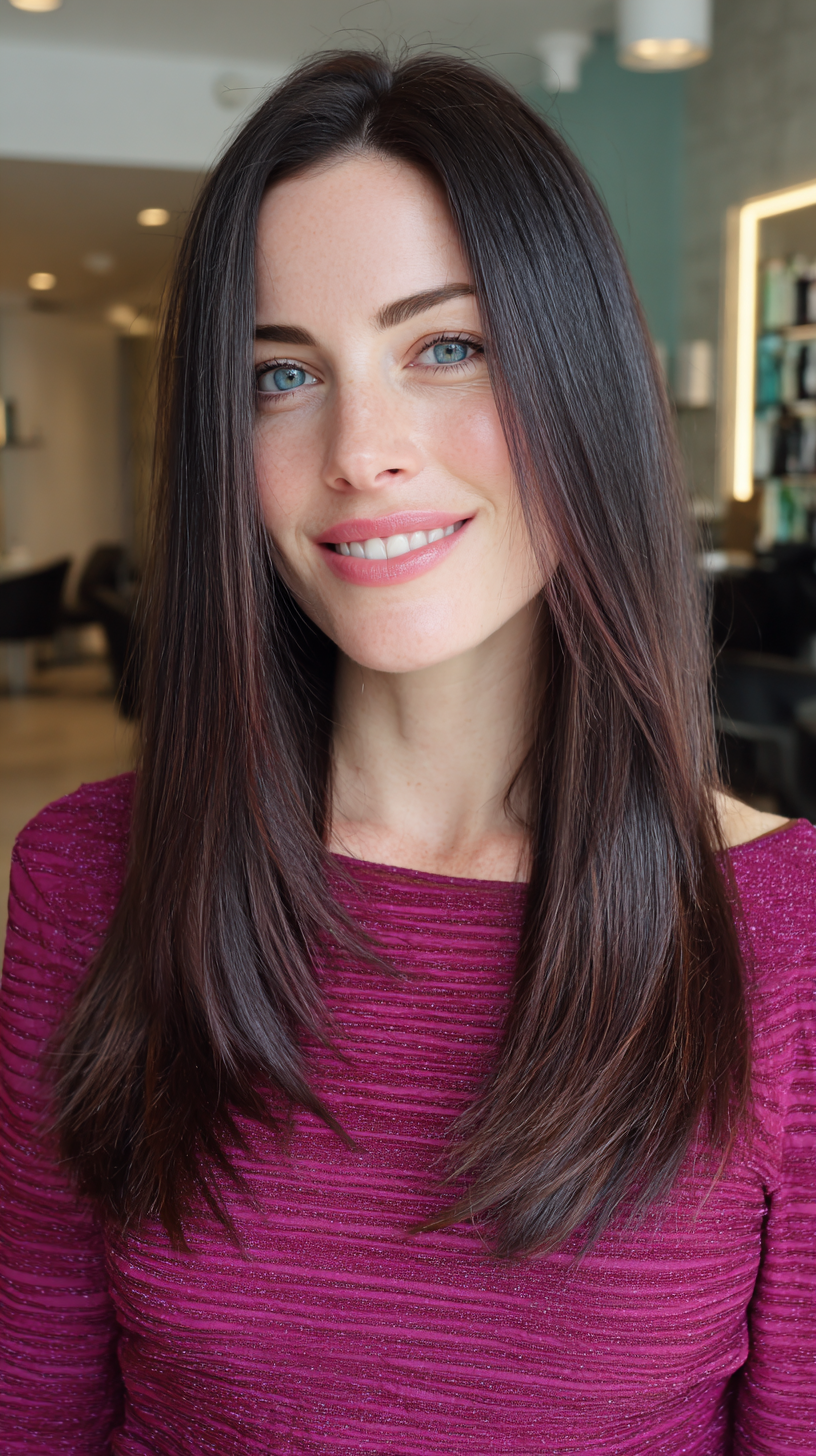 Glossy Long Layered Cut with Subtle Face-Frame