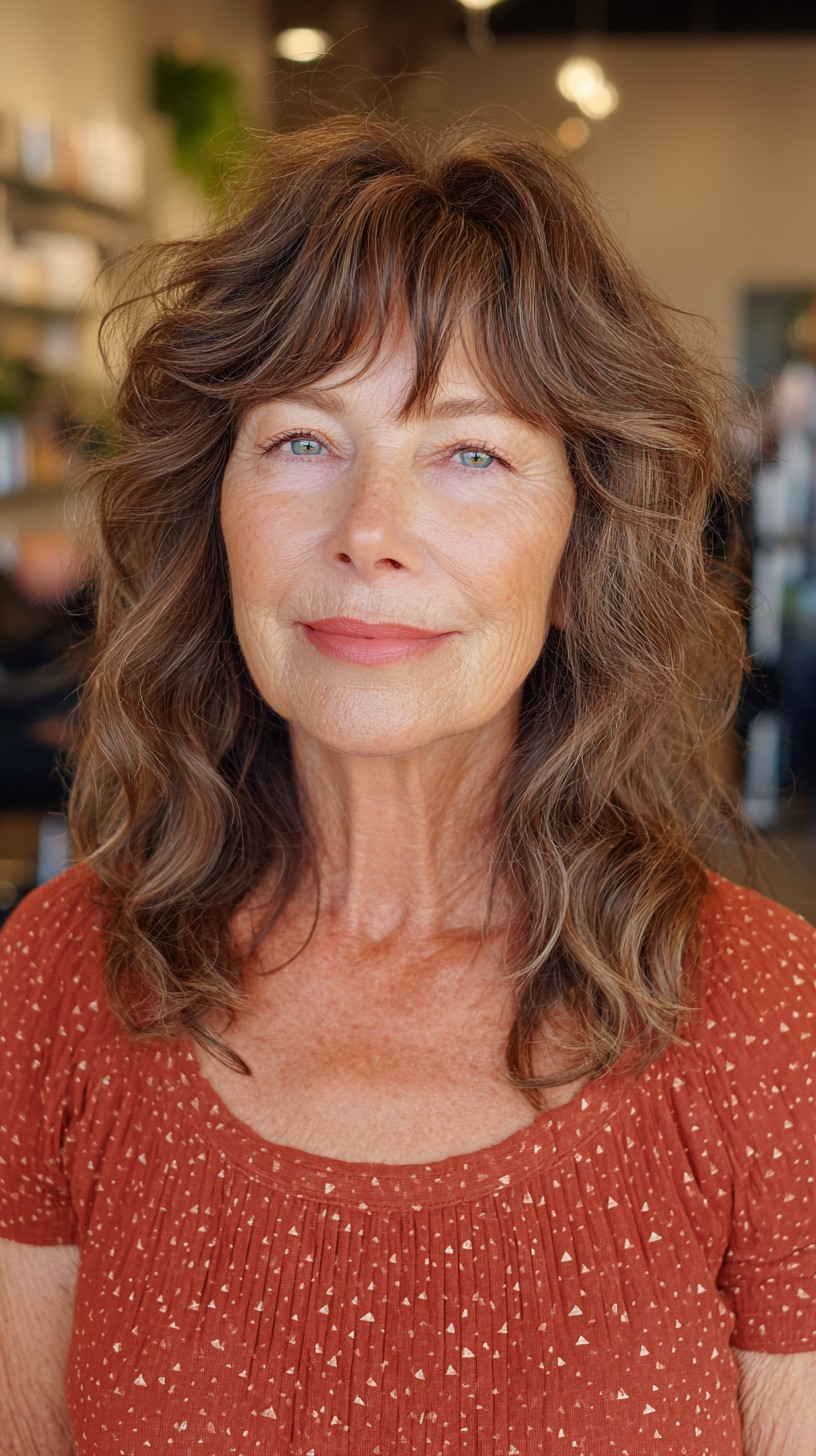 Breezy Chestnut Waves with Soft Bangs