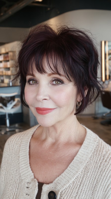 Bold Burgundy Tousled Pixie with Side-Swept Bangs