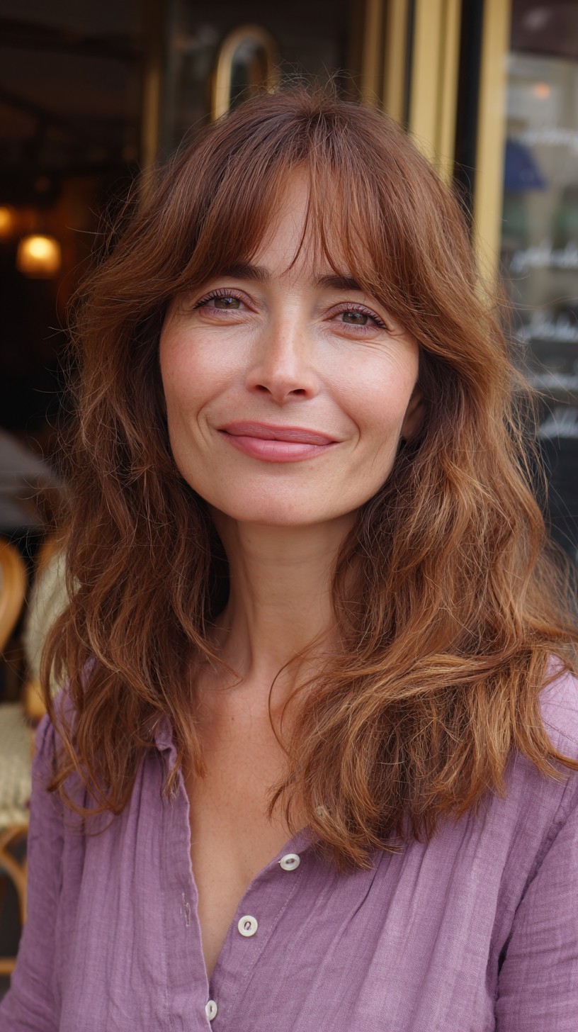 Breezy Chestnut Waves with Soft Bangs